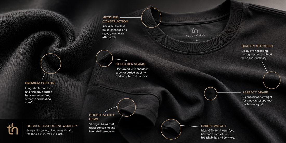 Close-up of a premium black T-shirt highlighting fabric quality, neckline construction, shoulder seams, stitching, hems, and fabric weight.