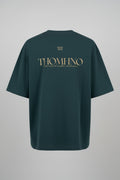 Green t-shirt with gold text on the back against a black background
