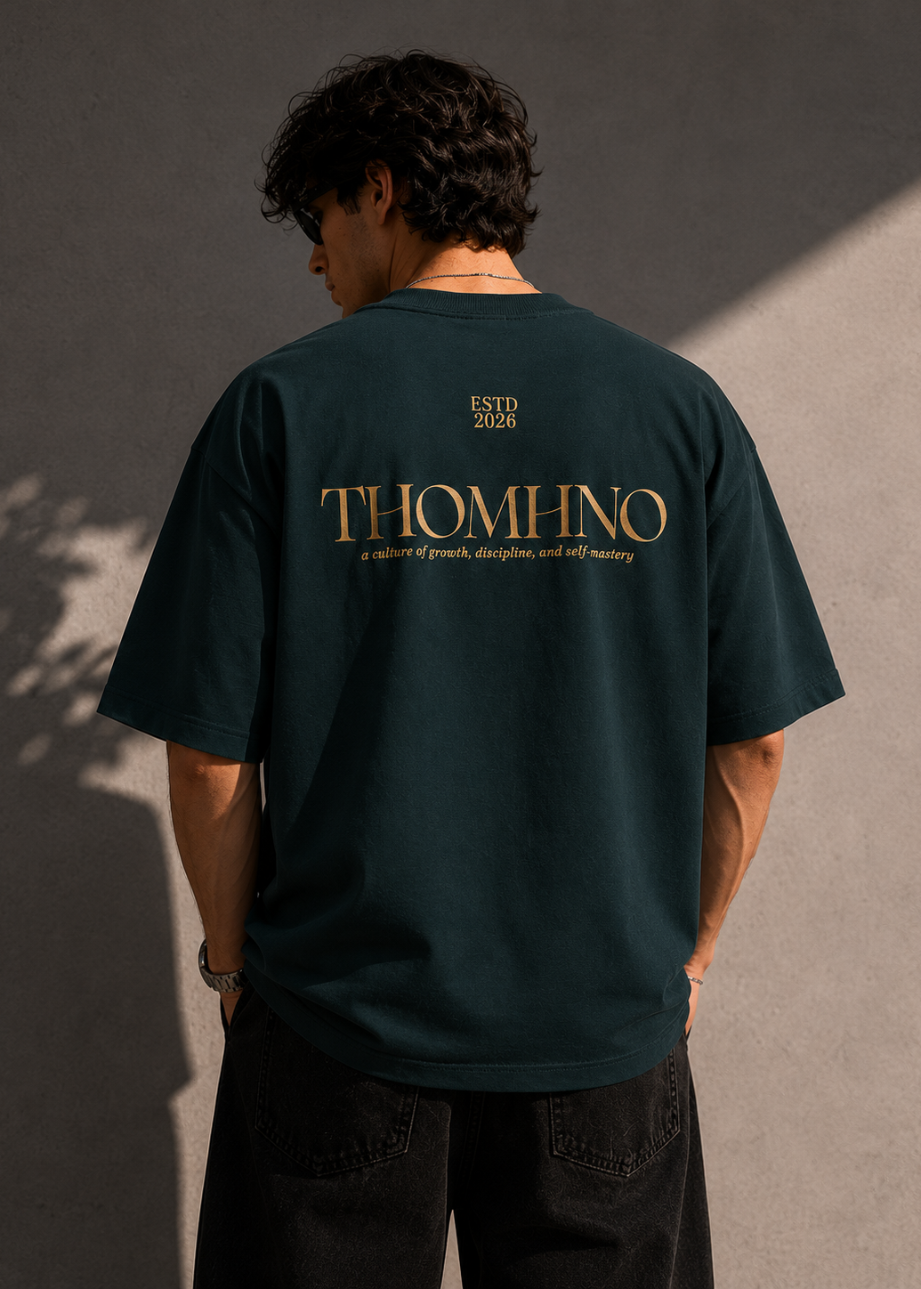 Person wearing a dark green t-shirt with 'THOMHNO' branding on the back against a gray wall.